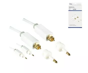 Câble Toslink, longueur 2,00m en blanc, diamètre 4mm, connecteur HQ, Monaco Range, + 2 adaptateurs sur mini Toslink, DINIC Box